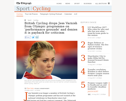 British cycling drops jess varnish from  Jess